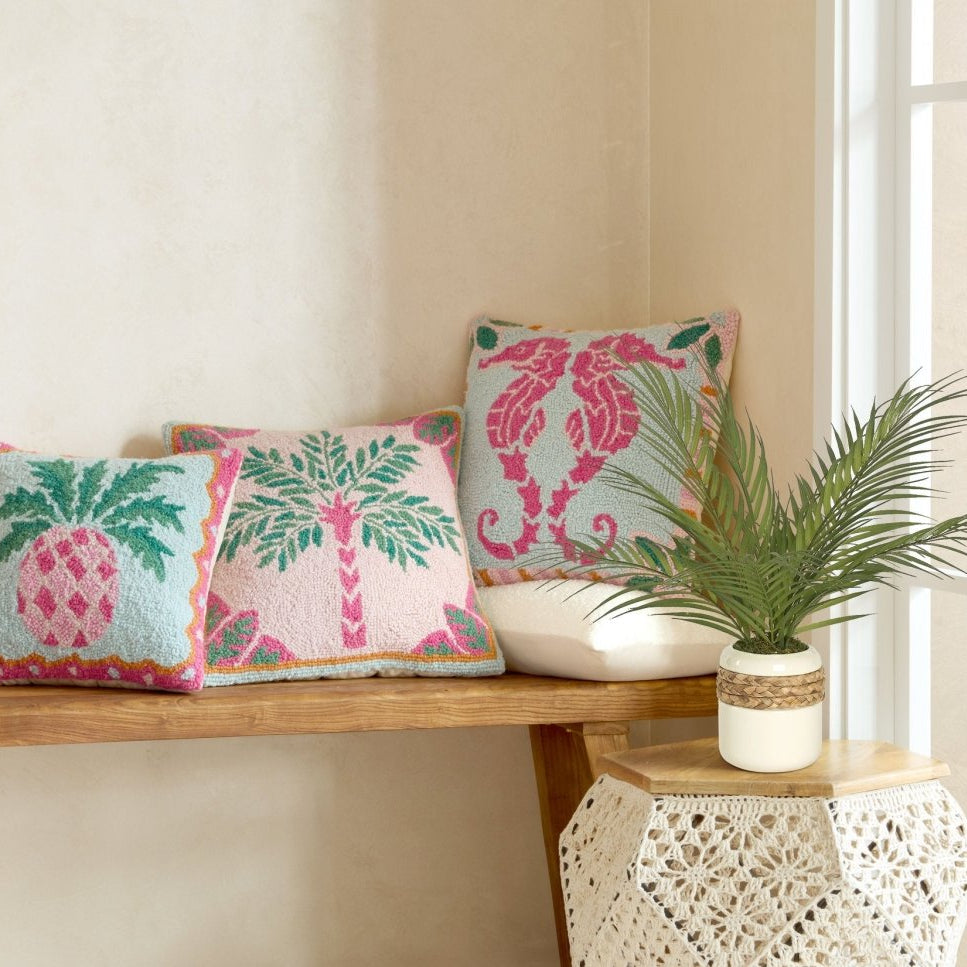 Preppy Seahorse Hooked Wool Throw Pillow shown alongside other designs in the same collection, 16x16 inch