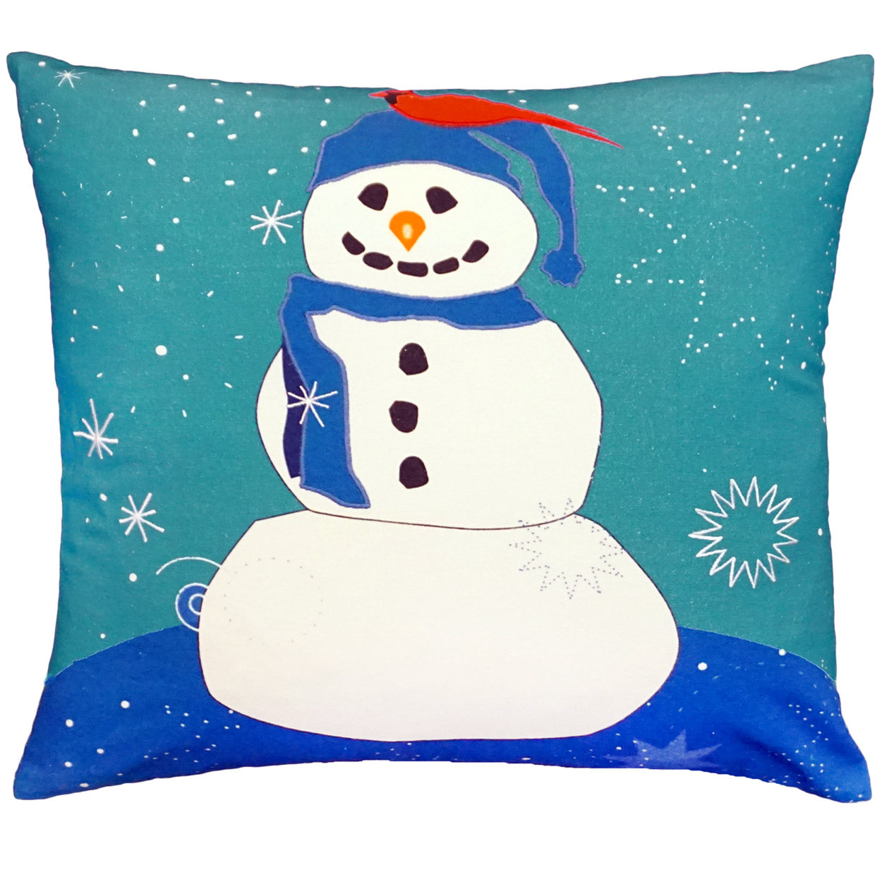 Printed Snowman Winter Cardinal needlepoint throw pillow with detailed bird portrait