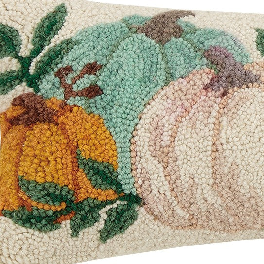 Pumpkin Festival Hooked Wool Fall Harvest Throw Pillow, close-up detail