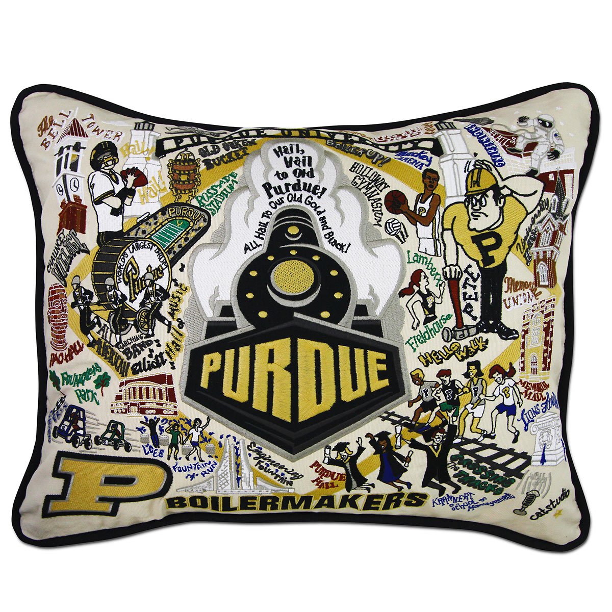 Purdue University Boilermakers hand-embroidered throw pillow featuring school colors and mascot imagery