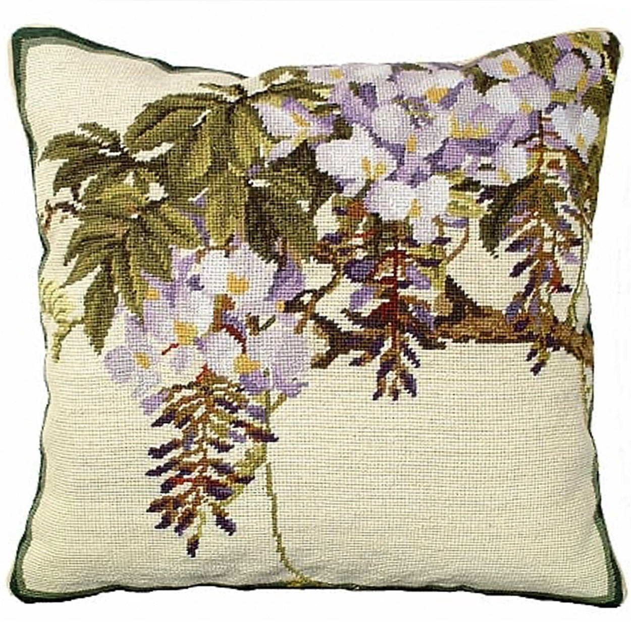 Purple Wisteria White needlepoint throw pillow with botanical floral design