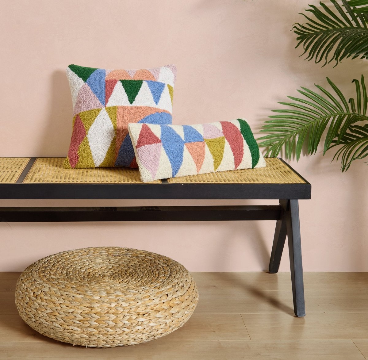 Rainbow Collage Hooked Wool Throw Pillow shown alongside other designs in the same collection, 16x16 inch