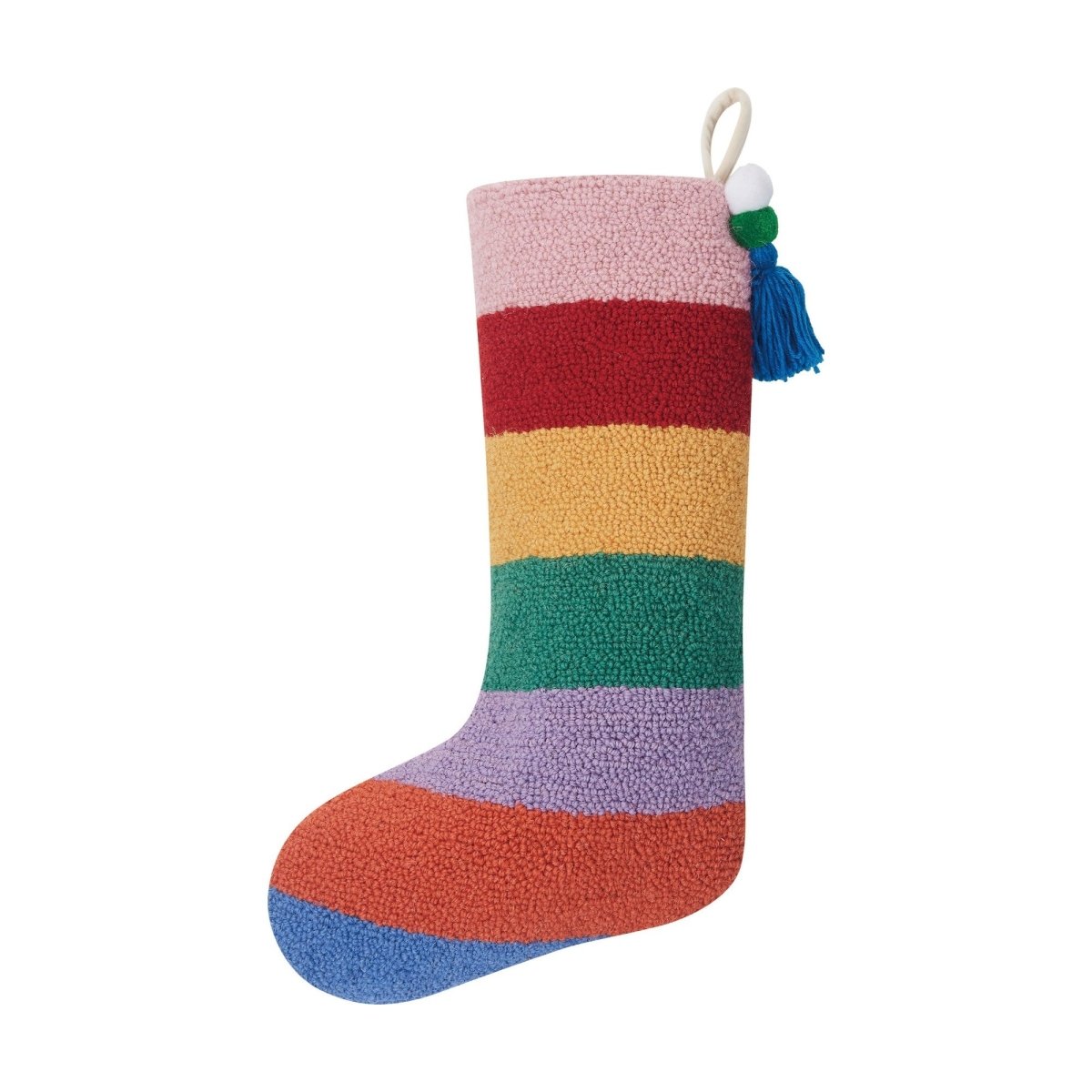 Rainbow Stripe with Pom Tassel Hooked Christmas Stocking, 12x20 inch, front view