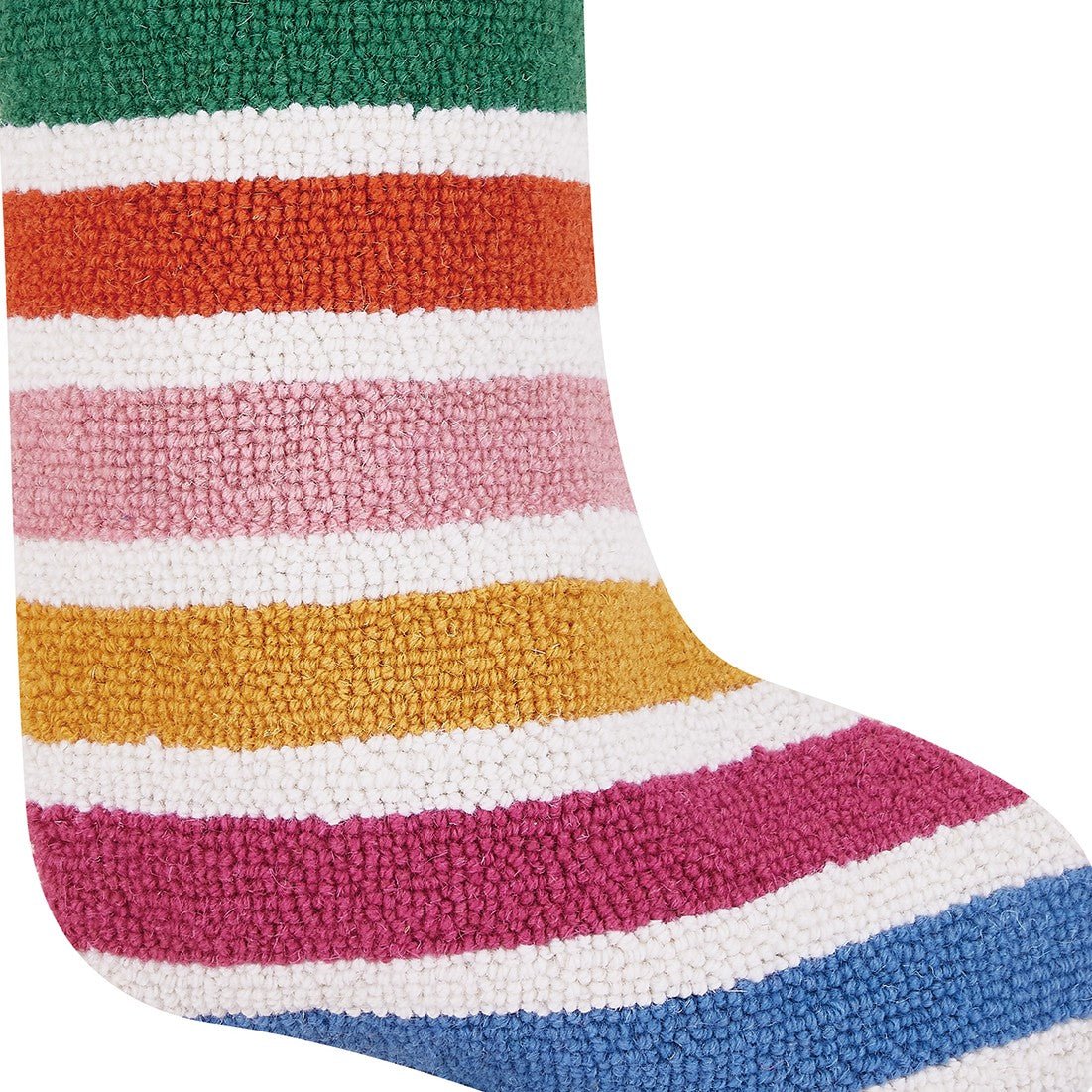 Rainbow with Pom Tassel Hooked Wool Christmas Stocking, close-up detail