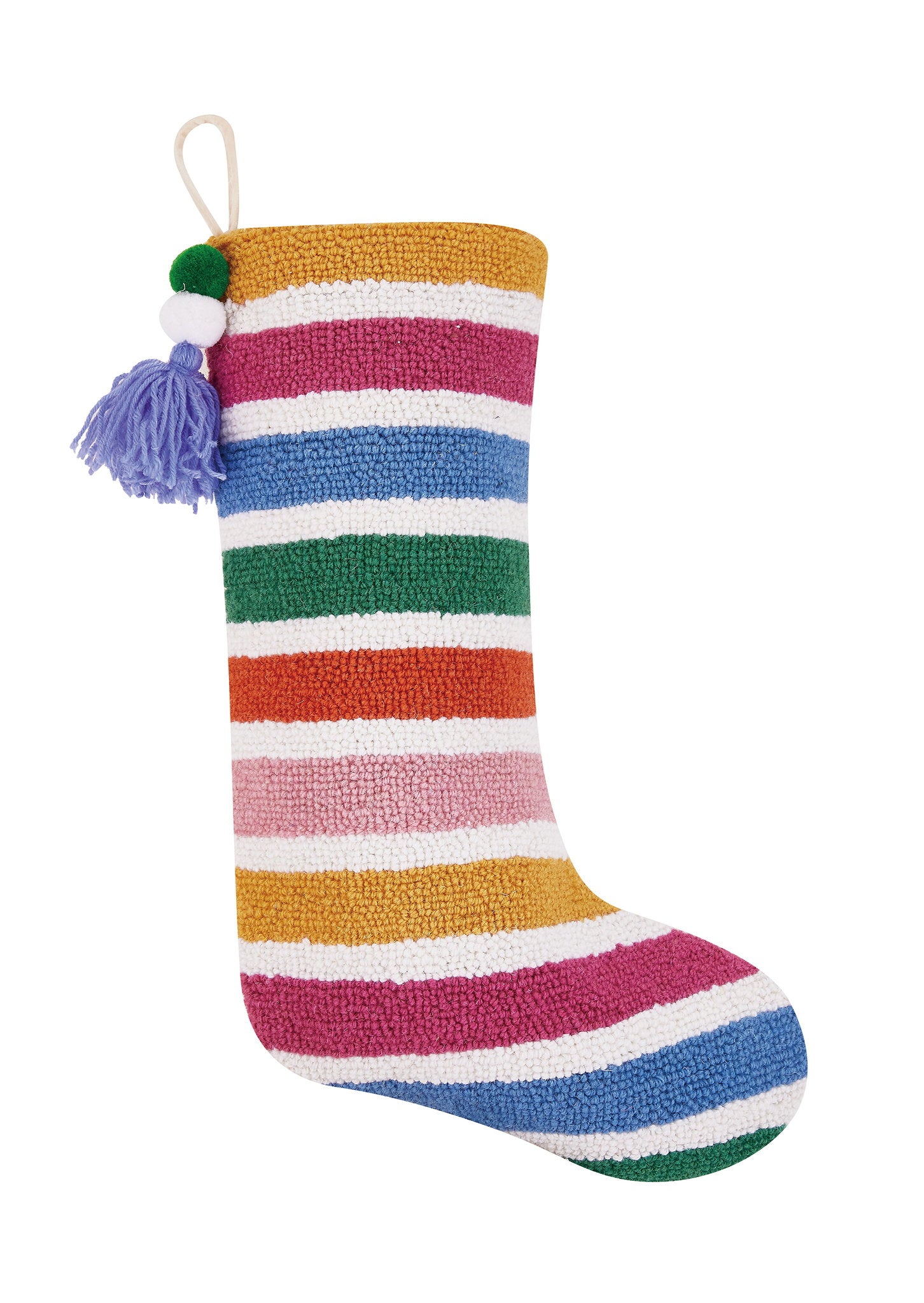 Rainbow with Pom Tassel Hooked Wool Christmas Stocking, 12x20 inch, front view