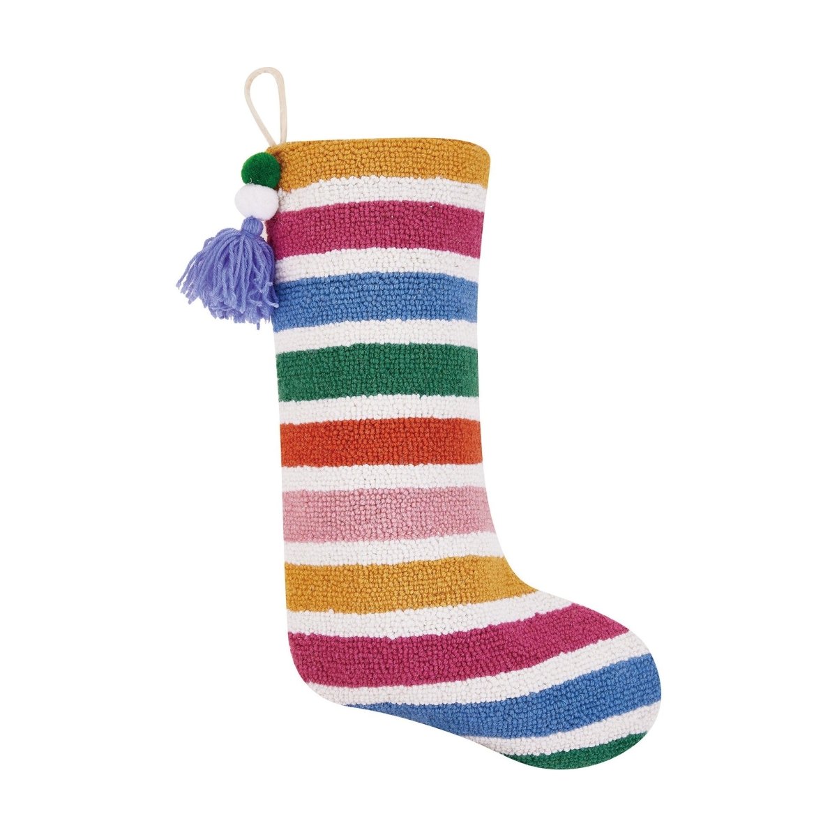 Rainbow with Pom Tassel Hooked Wool Christmas Stocking, 12x20 inch, front view