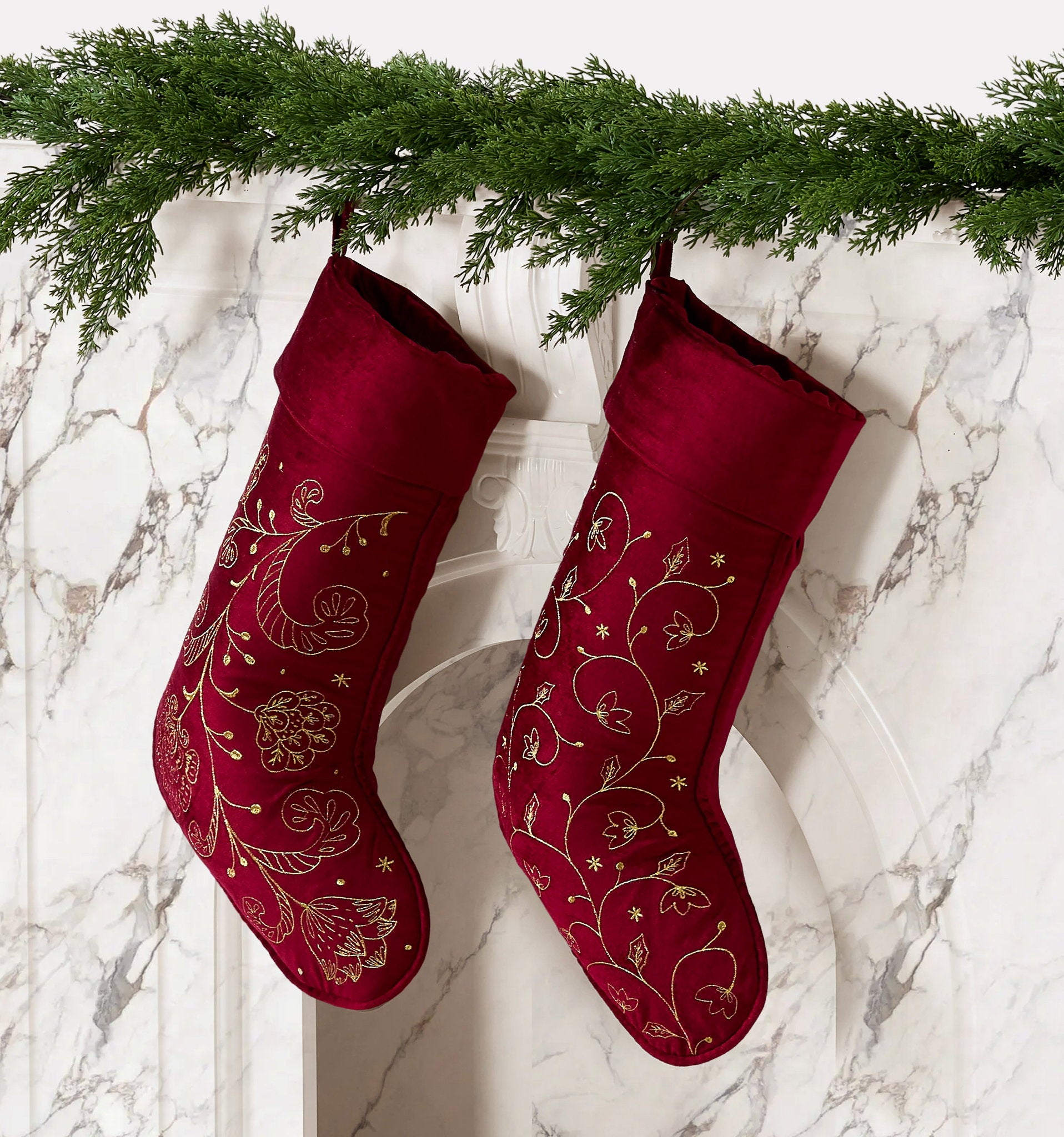 Red All Over Foliage Embroidered Christmas Stocking styled in a room setting, 12x20 inch