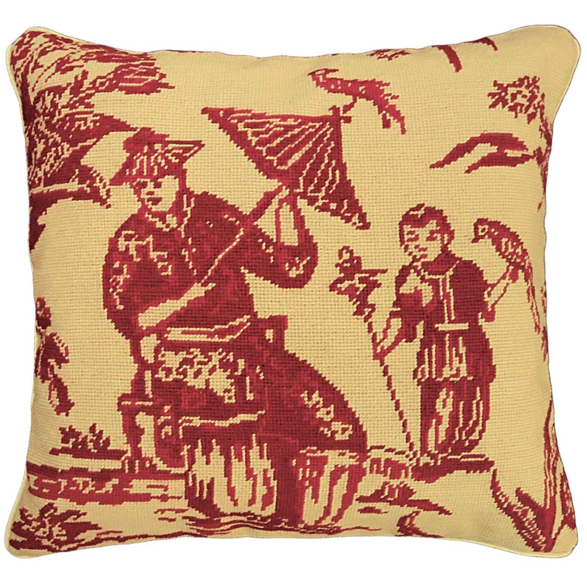Red Boy Bird Chinoiserie needlepoint throw pillow with detailed bird portrait