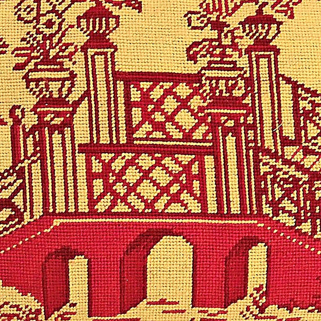 Hand-stitched wool detail of Red Bridge Chinoiserie Chic needlepoint pillow showing intricate weave pattern and texture