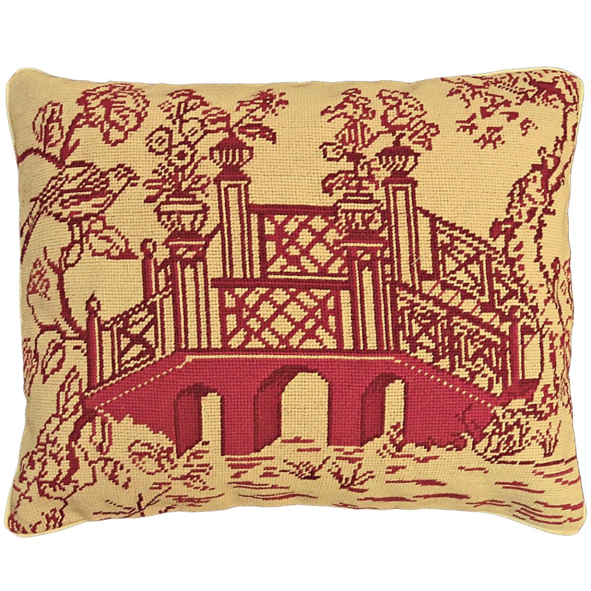 Red Bridge Chinoiserie Chic needlepoint throw pillow with artisan decorative design