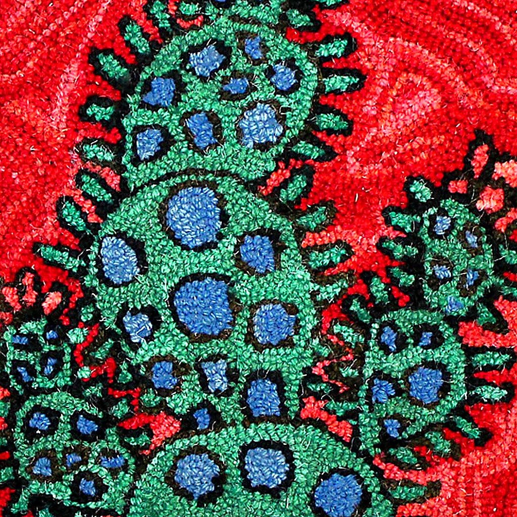 Closeup of Red Cactus Abstract Botanical Wool Hooked needlepoint throw pillow highlighting hand-stitched wool craftsmanship and fabric detail