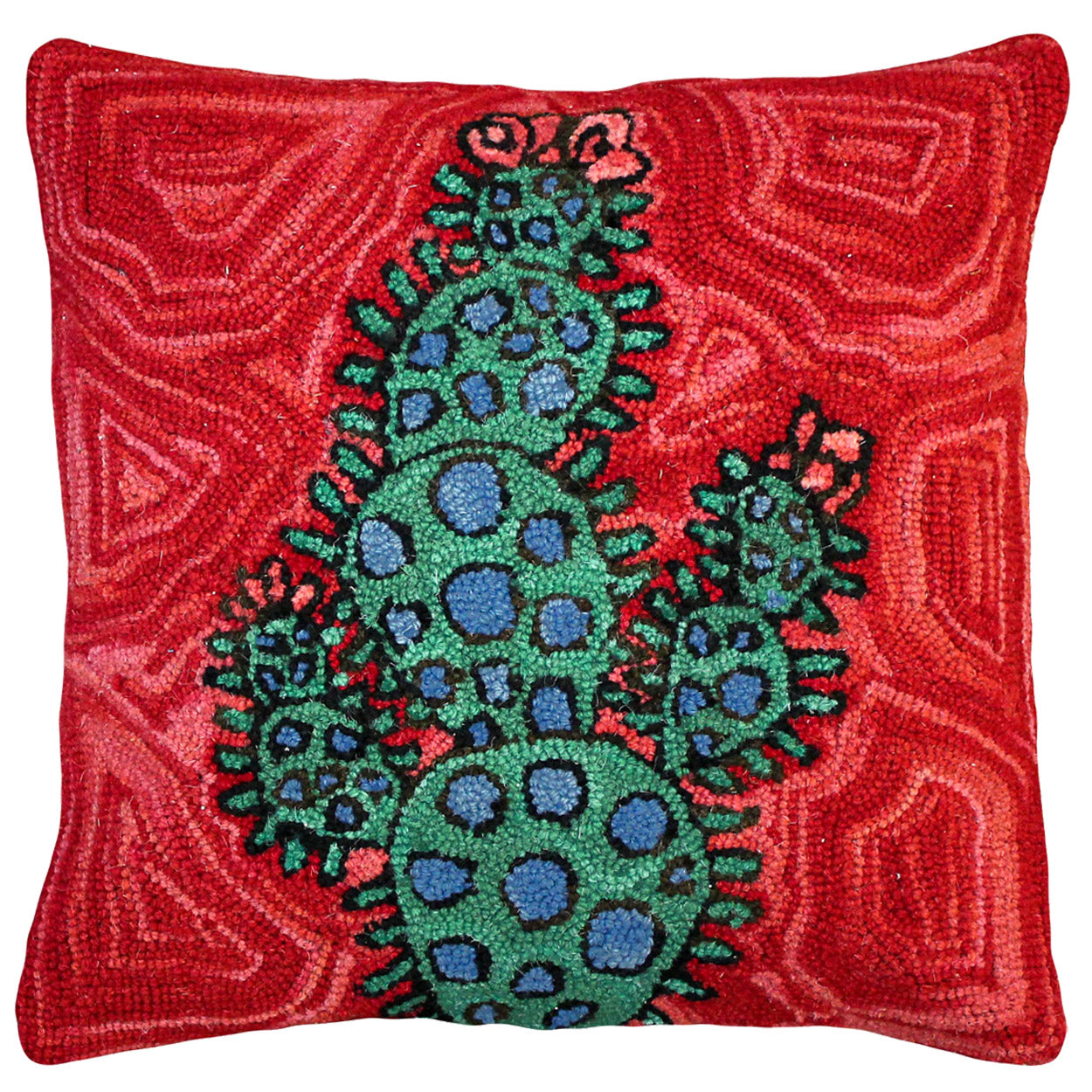 Red Cactus Abstract hooked wool throw pillow with botanical floral design