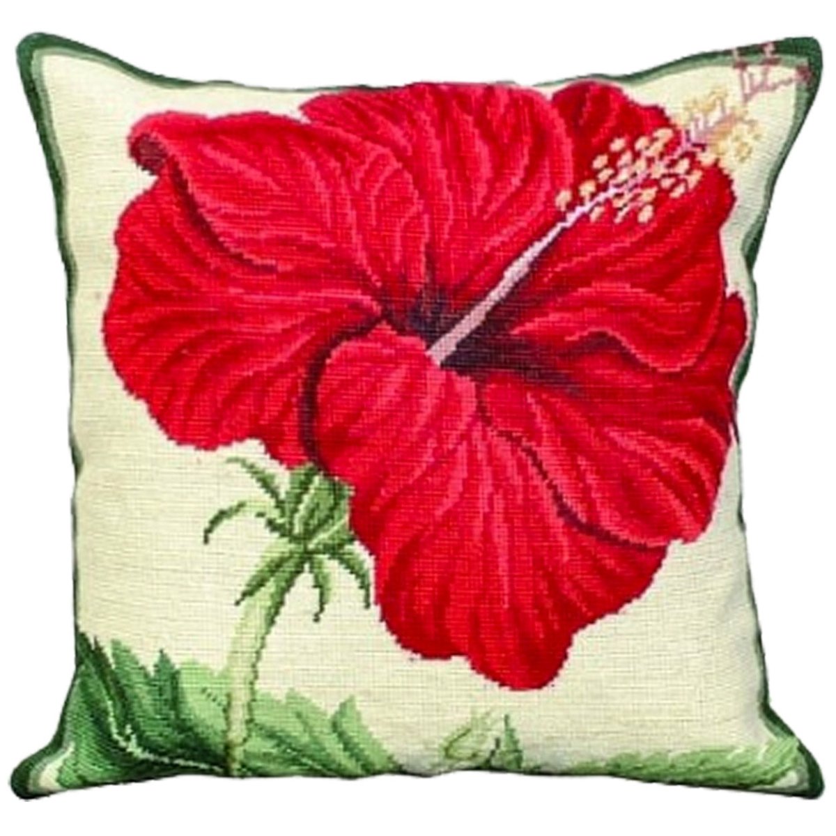 Red China Rose needlepoint throw pillow with botanical floral design