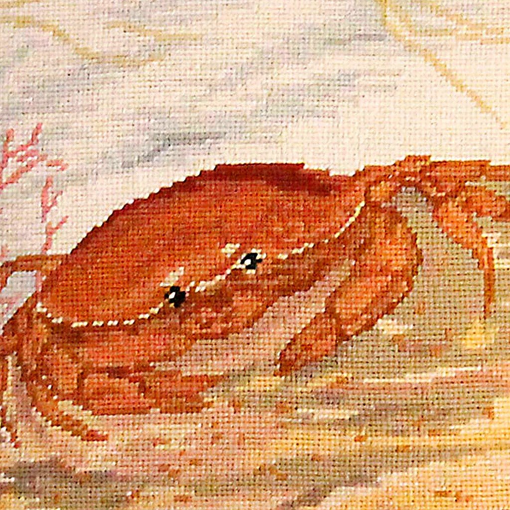 Red Crab And Sea Star Coastal pillow fabric closeup showing hand-embroidered needlepoint wool texture and color detail