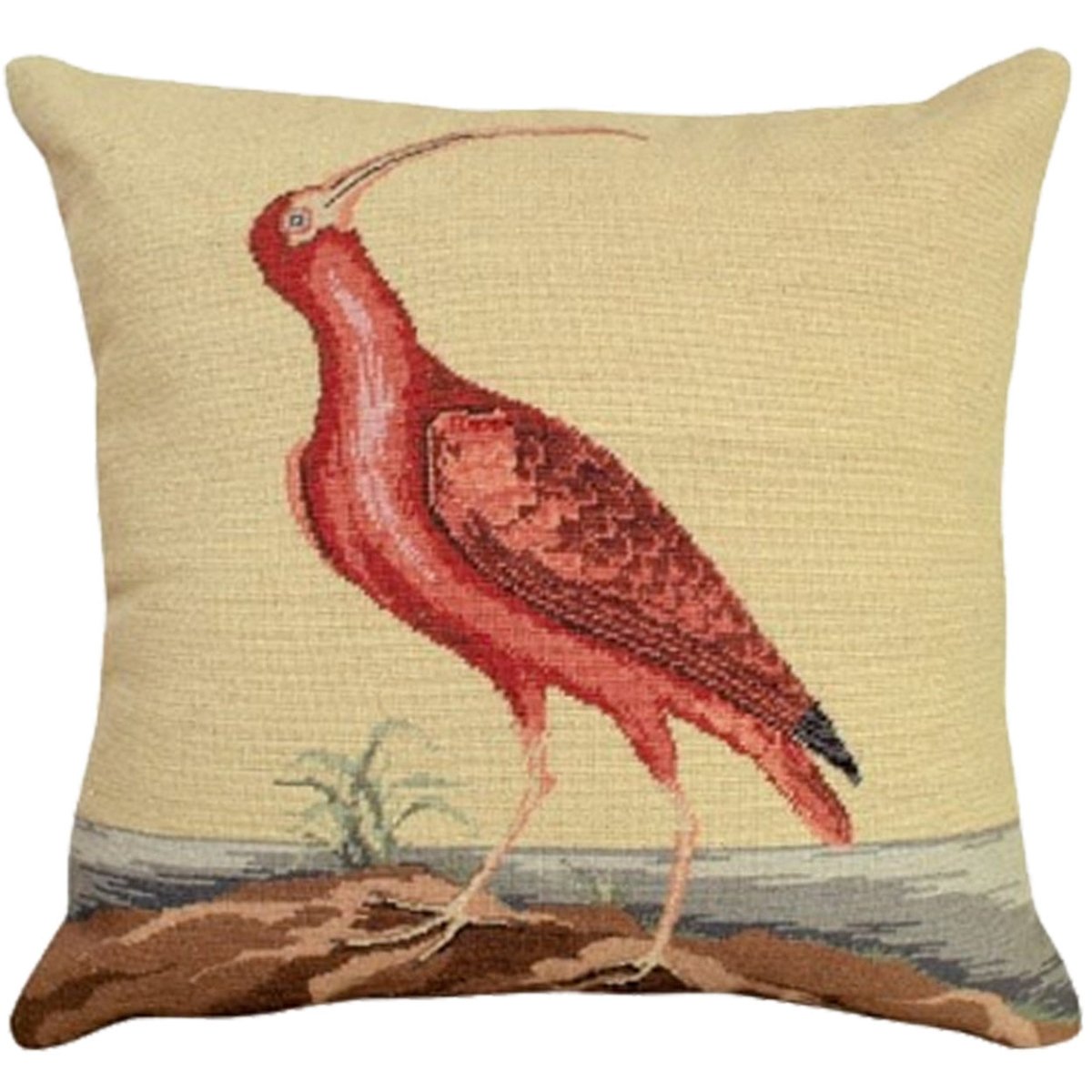 Red Curlew Scarlet Ibis needlepoint throw pillow with artisan decorative design
