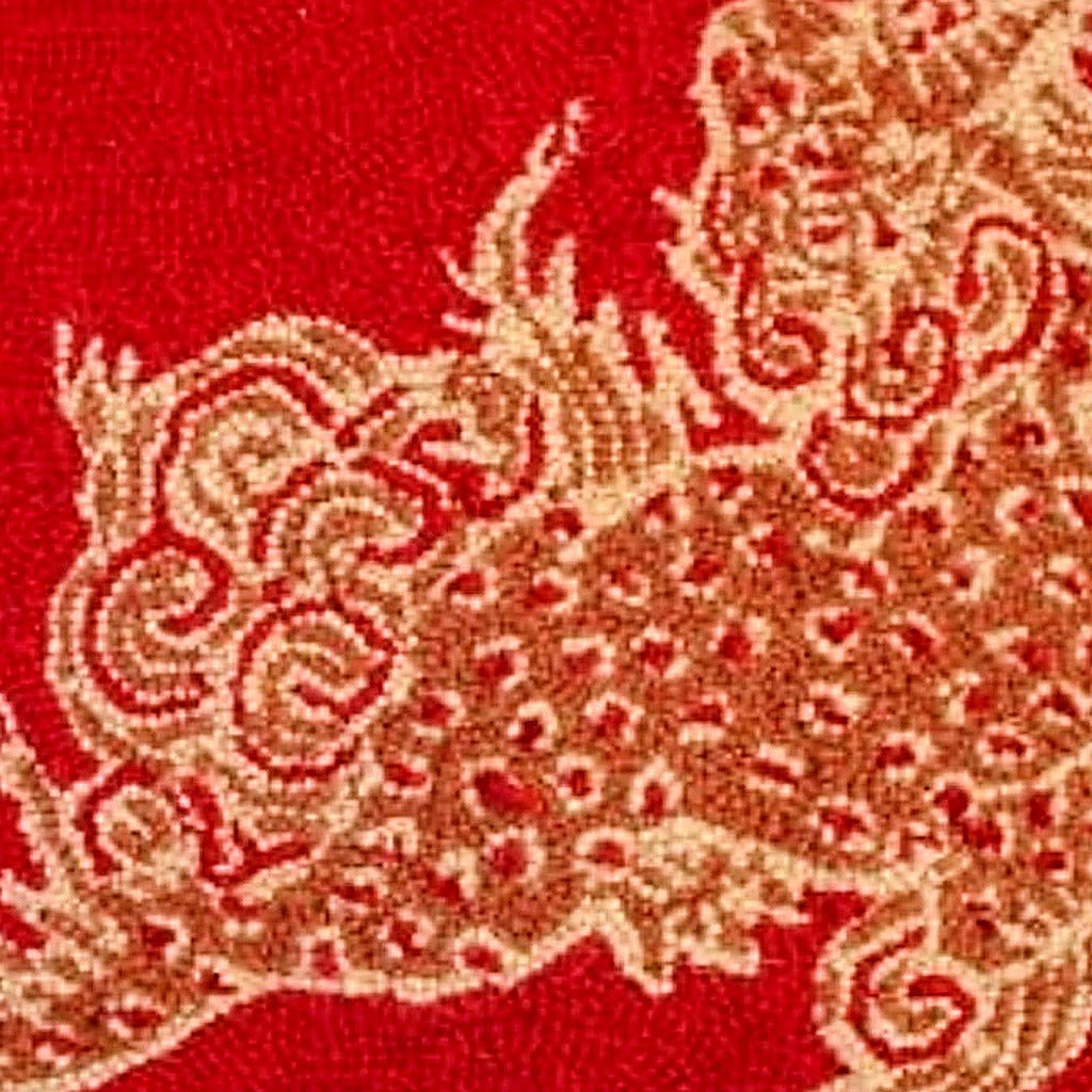 Hand-stitched wool detail of Red Dragon Vermillion Dunmore Wool Hooked needlepoint pillow showing intricate weave pattern and texture