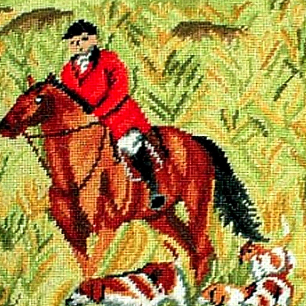 Closeup of Red English Horse Hounds needlepoint throw pillow highlighting hand-stitched wool craftsmanship and fabric detail