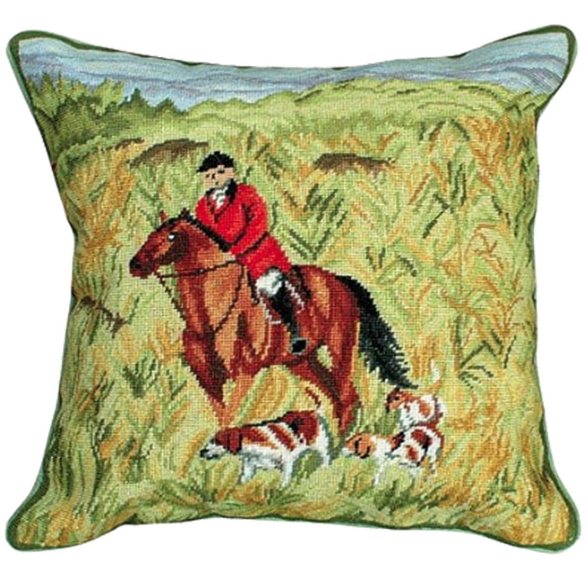 Red English Horse Hounds needlepoint throw pillow with artisan decorative design