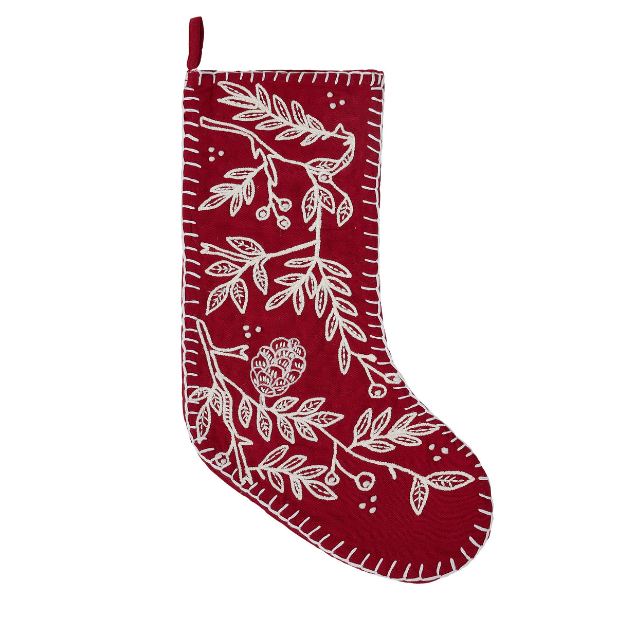 Red Folk Branch Embroidered Christmas Stocking, 11x20 inch, front view