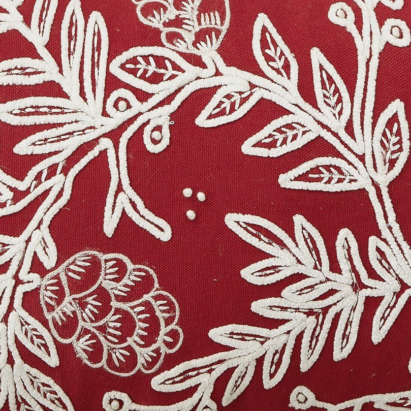 Red Folk Branch Embroidered Christmas Throw Pillow, close-up detail