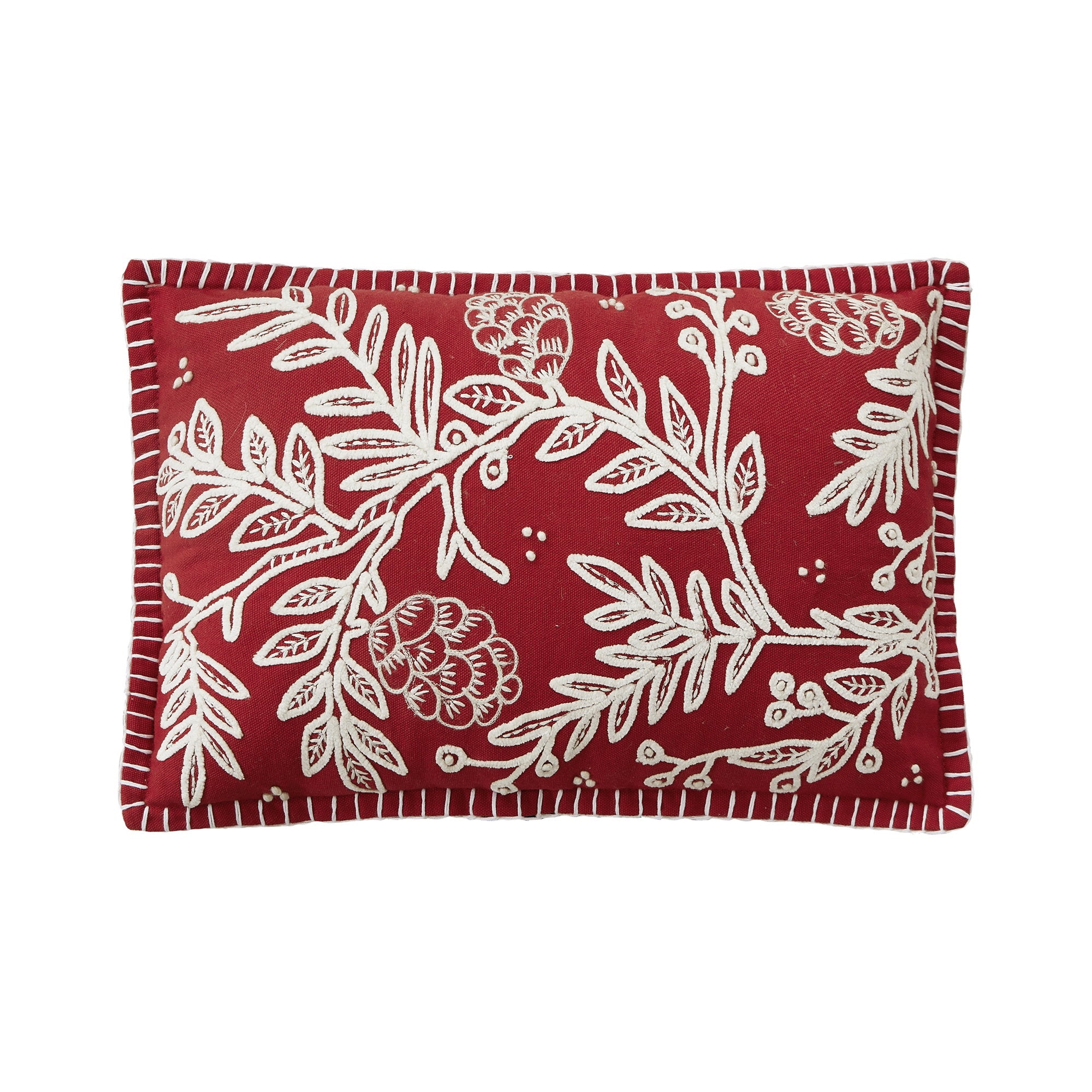 Red Folk Branch Embroidered Christmas Throw Pillow, 12x18 inch, front view
