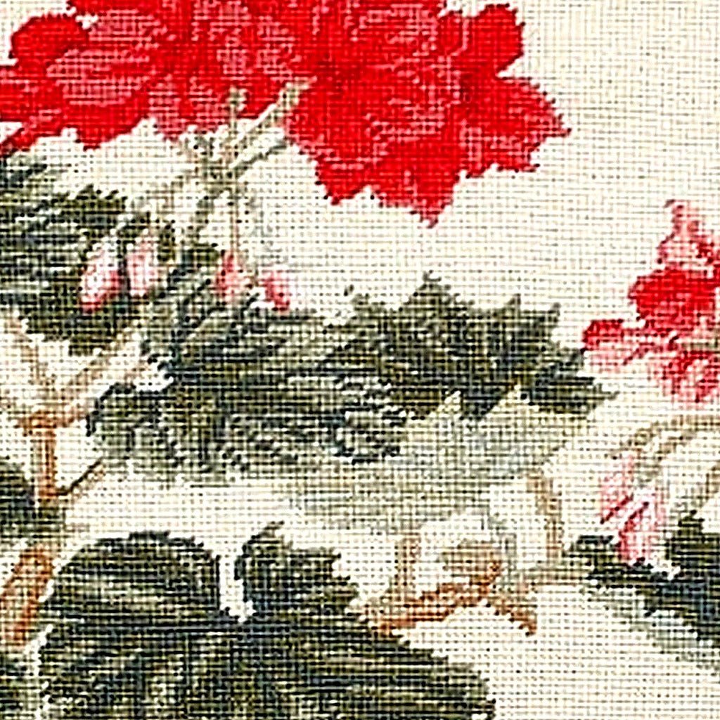 Hand-stitched wool detail of Red Geranium White Botanical needlepoint pillow showing intricate weave pattern and texture