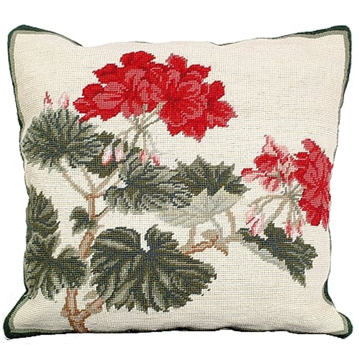 Red Geranium White needlepoint throw pillow with botanical floral design