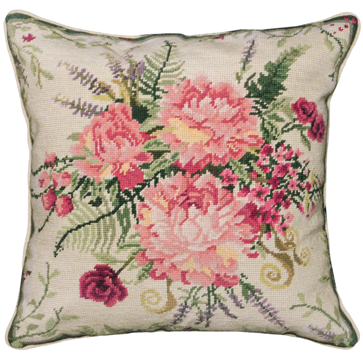 Red Green Flowers Bouquet needlepoint throw pillow with botanical floral design