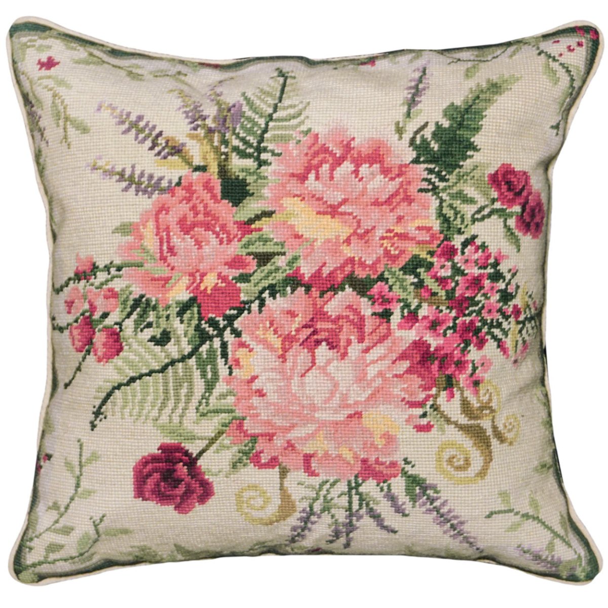 Red Green Flowers Bouquet needlepoint throw pillow with botanical floral design