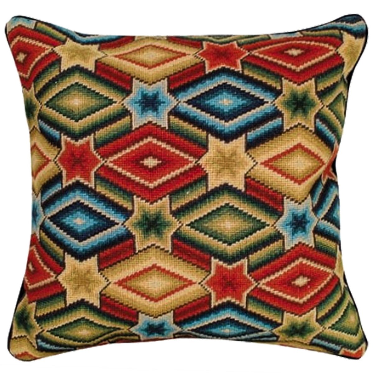 Red Green Yellow Star needlepoint throw pillow with artisan decorative design
