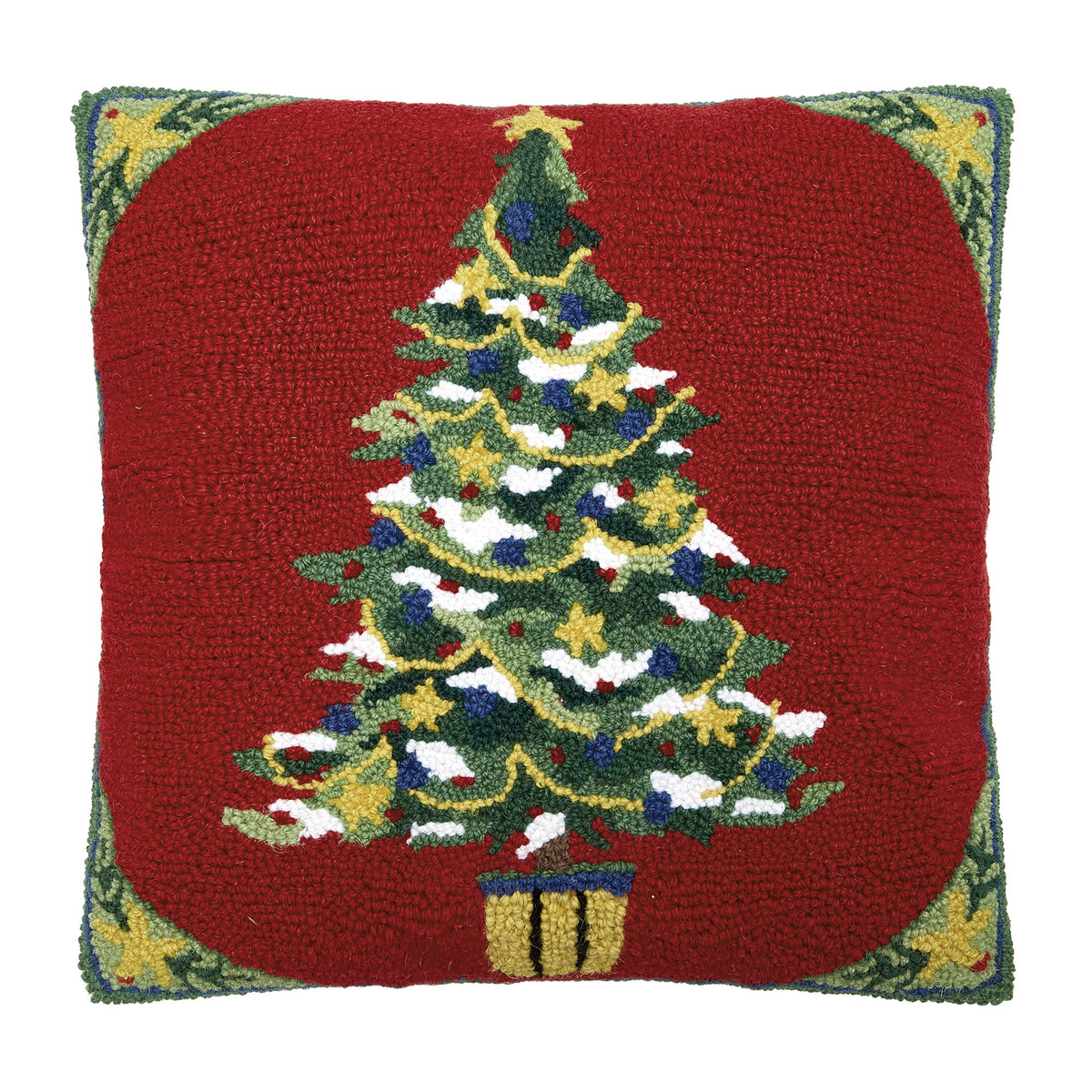 Red Ground Decorated Christmas Tree Hooked Wool Throw Pillow, 18x18 inch, front view