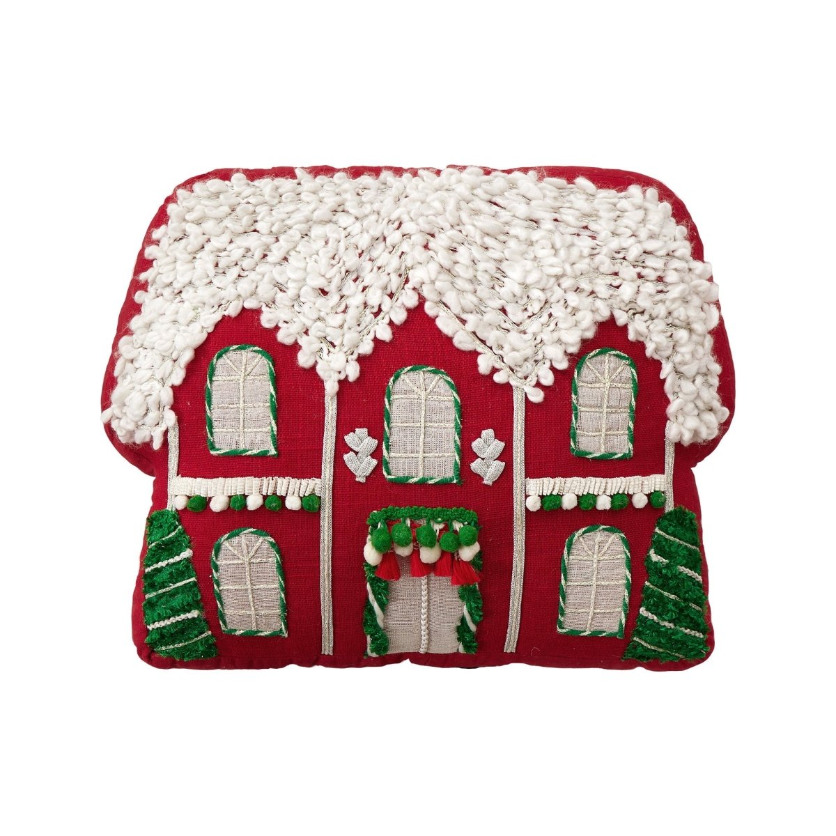 Red House Applique with Poms Embroidered Christmas Throw Pillow, 12x16 inch, front view