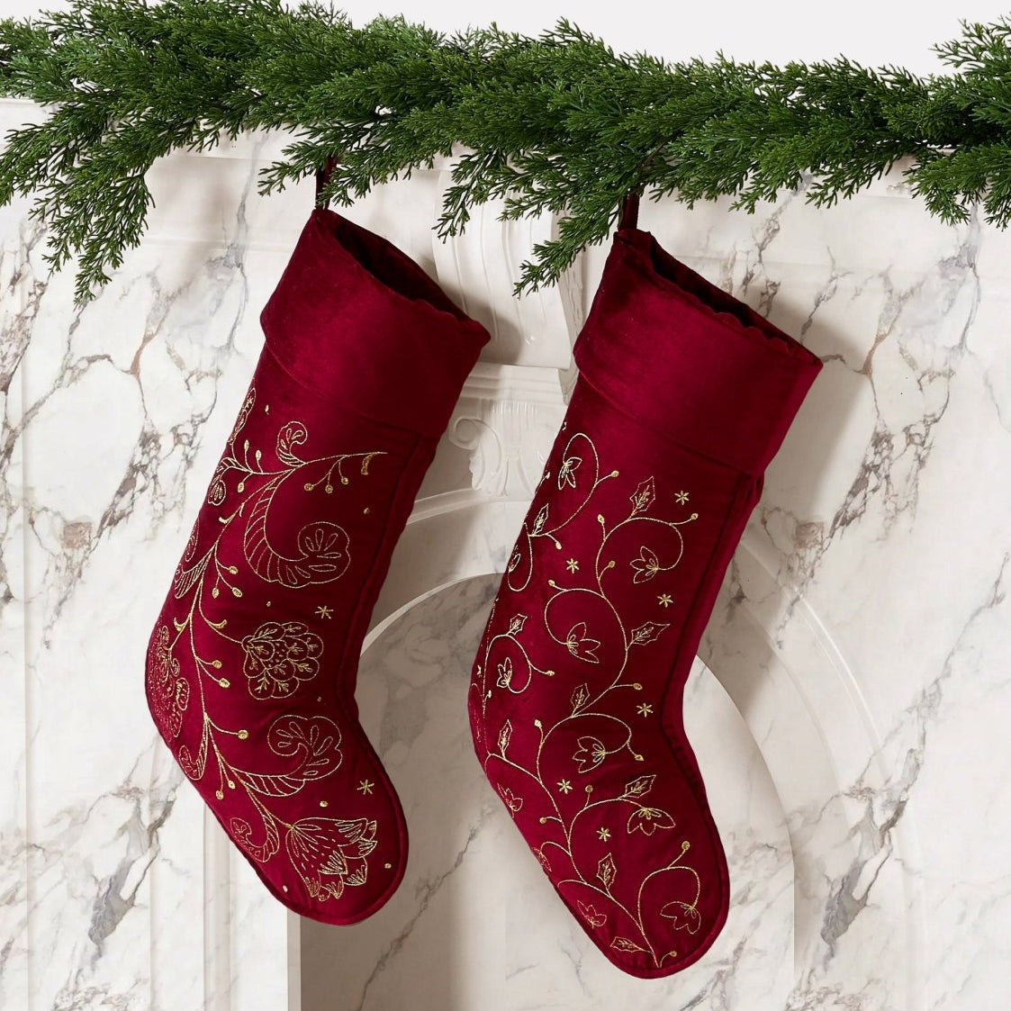 Red Jacobean Foliage Embroidered Christmas Stocking styled in a room setting, 12x20 inch