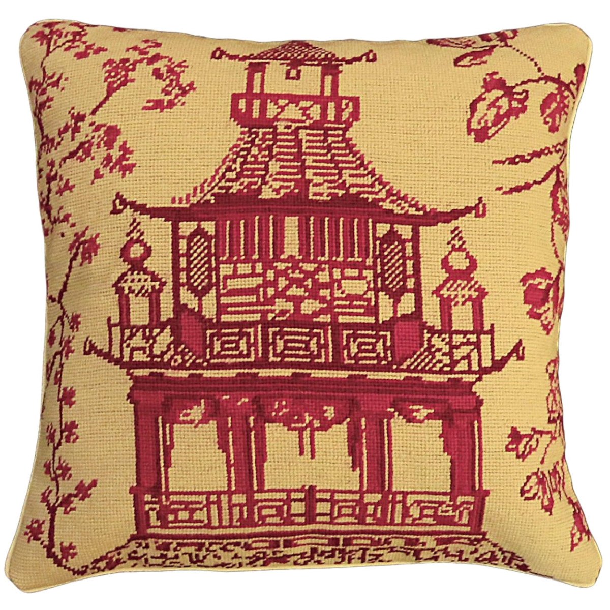 Red Pagoda Chinoiserie Chic needlepoint throw pillow with artisan decorative design