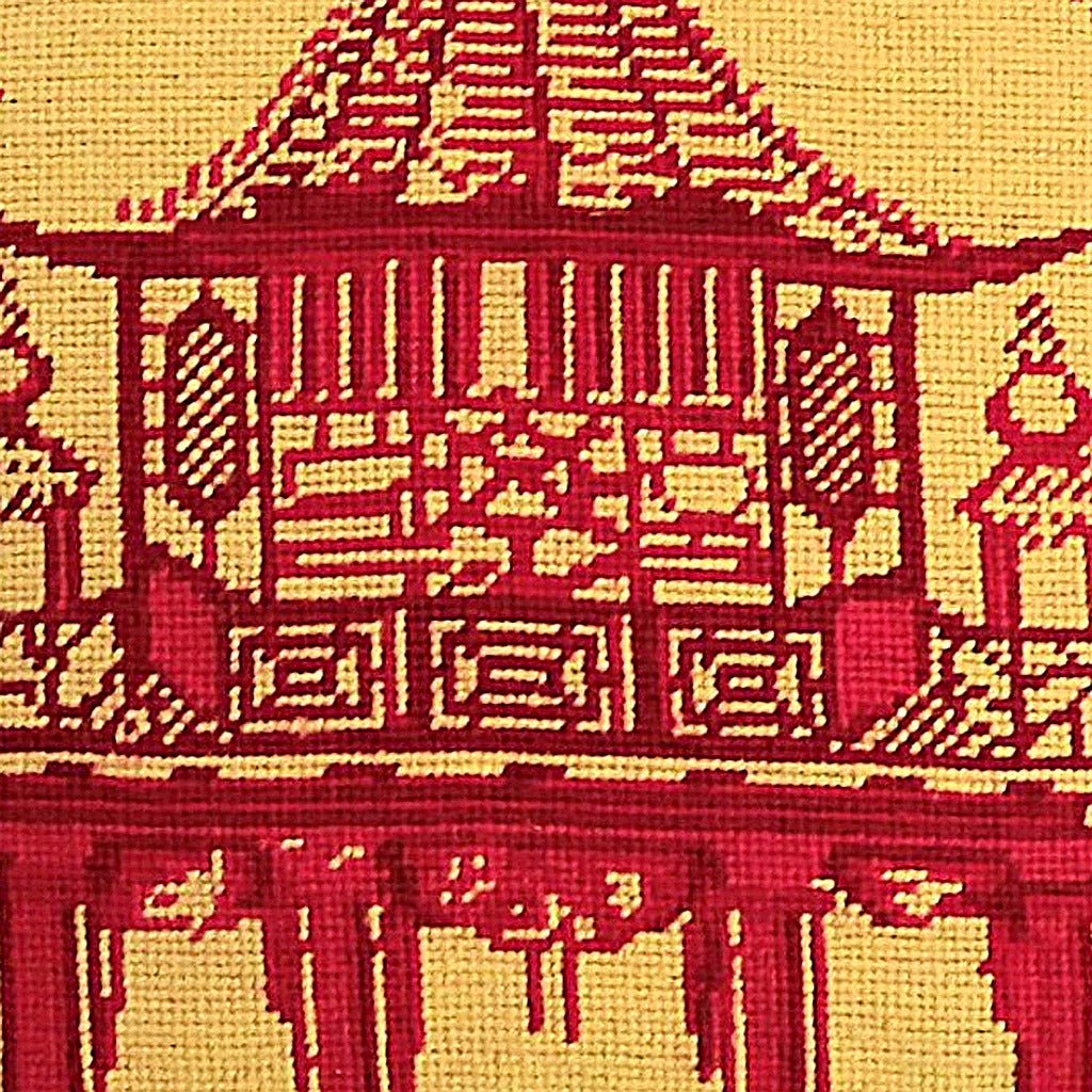 Closeup of Red Pagoda Chinoiserie Chic needlepoint throw pillow highlighting hand-stitched wool craftsmanship and fabric detail