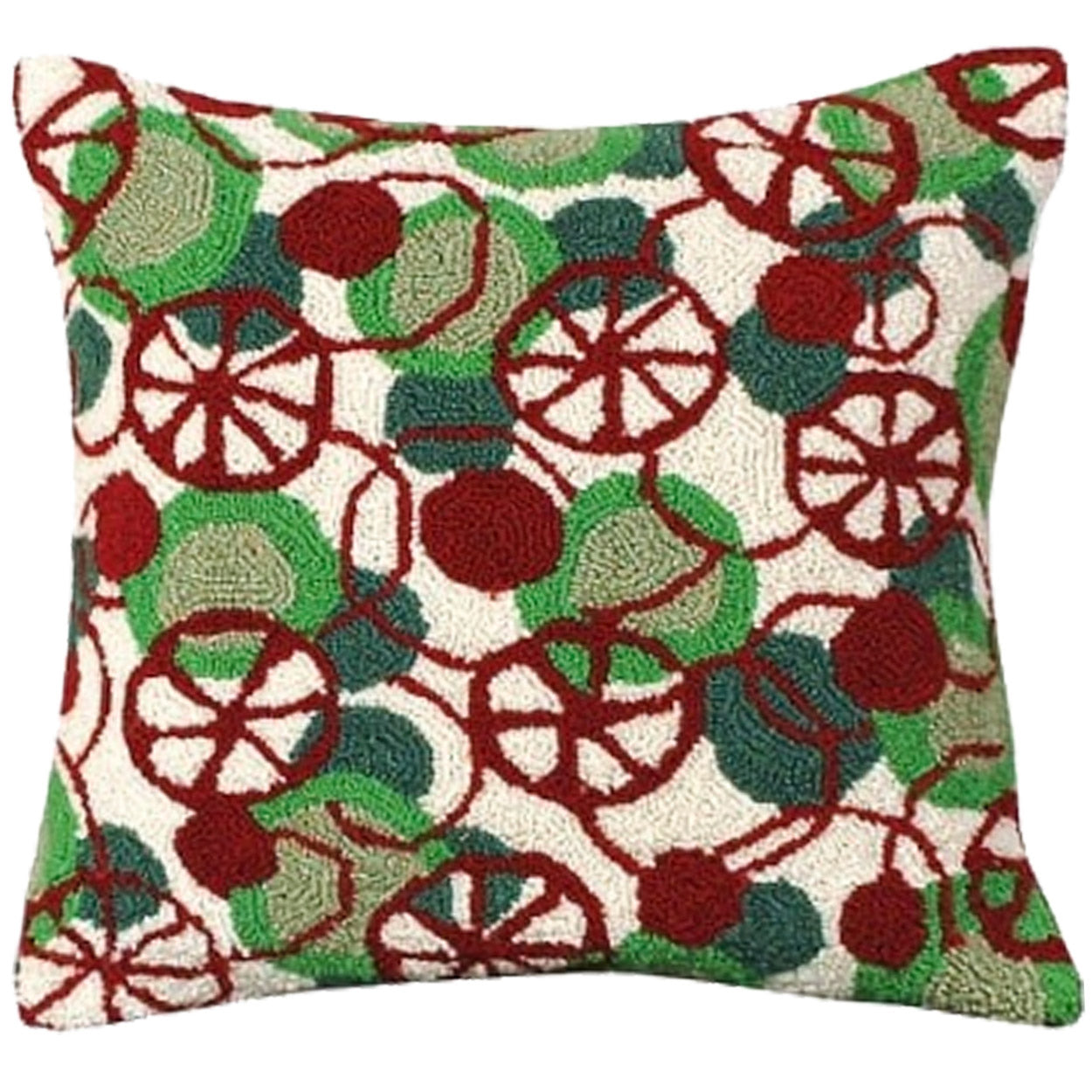 Red Peppermint Green Swirls hooked wool throw pillow with festive holiday seasonal design