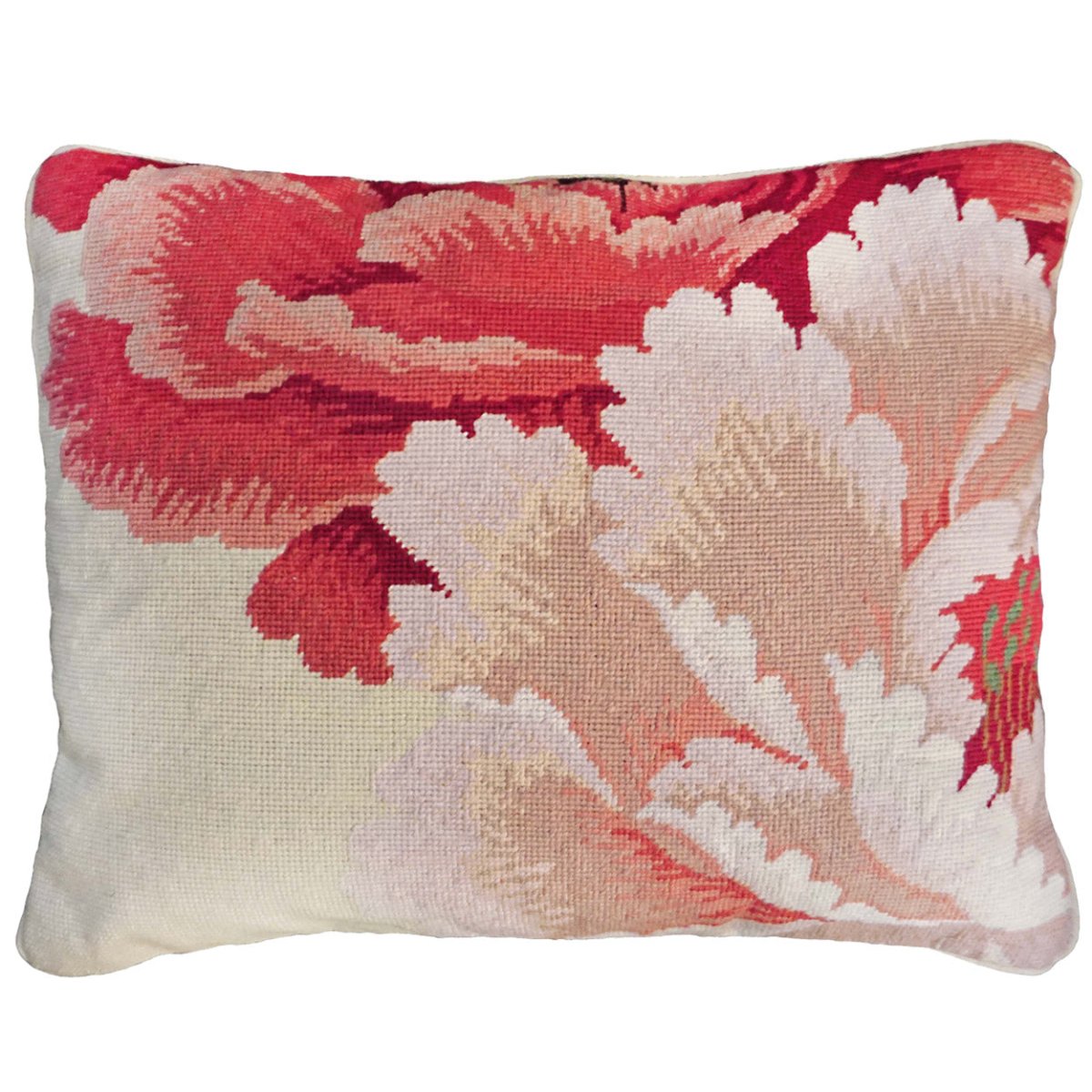 Red Pink Blooming needlepoint throw pillow with botanical floral design