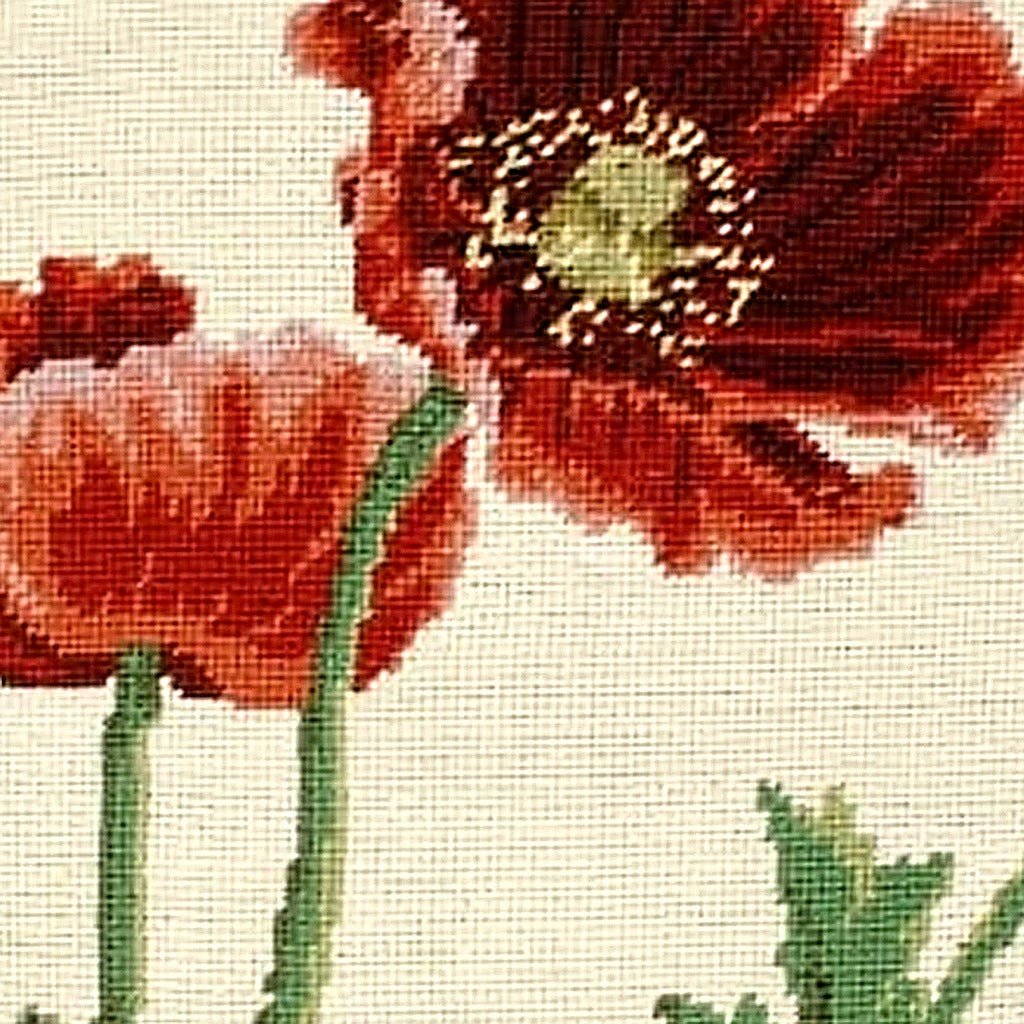 Red Poppies Floral Botanical pillow fabric closeup showing hand-embroidered needlepoint wool texture and color detail