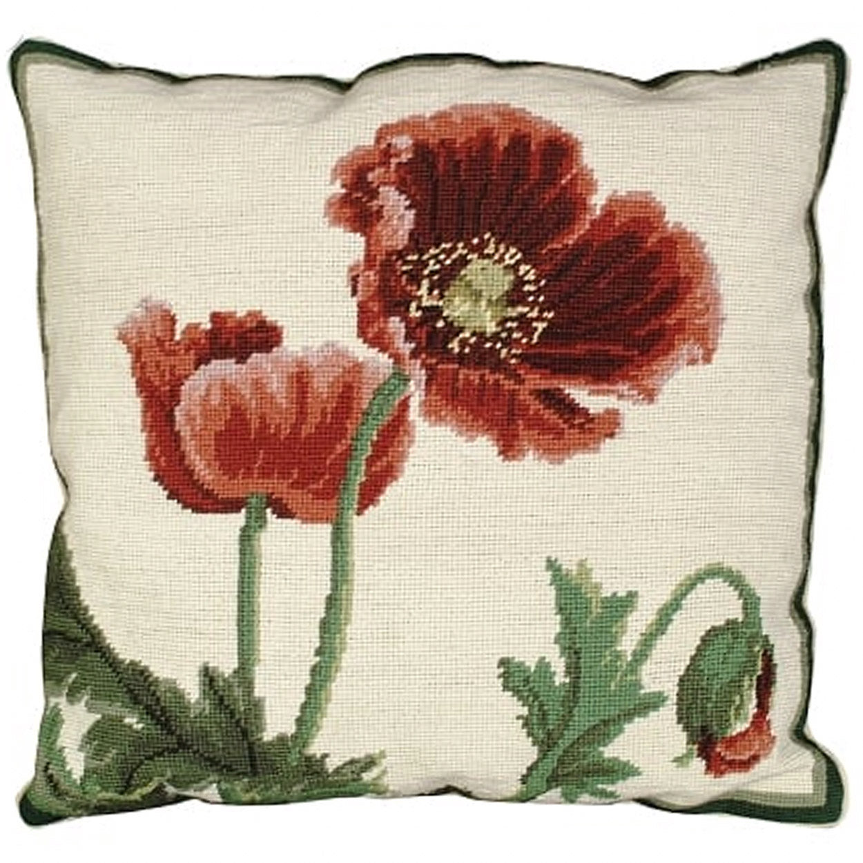 Red Poppies Greens needlepoint throw pillow with botanical floral design