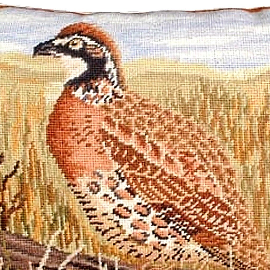 Closeup of Red Quail Wildlife Birds Lodge needlepoint throw pillow highlighting hand-stitched wool craftsmanship and fabric detail