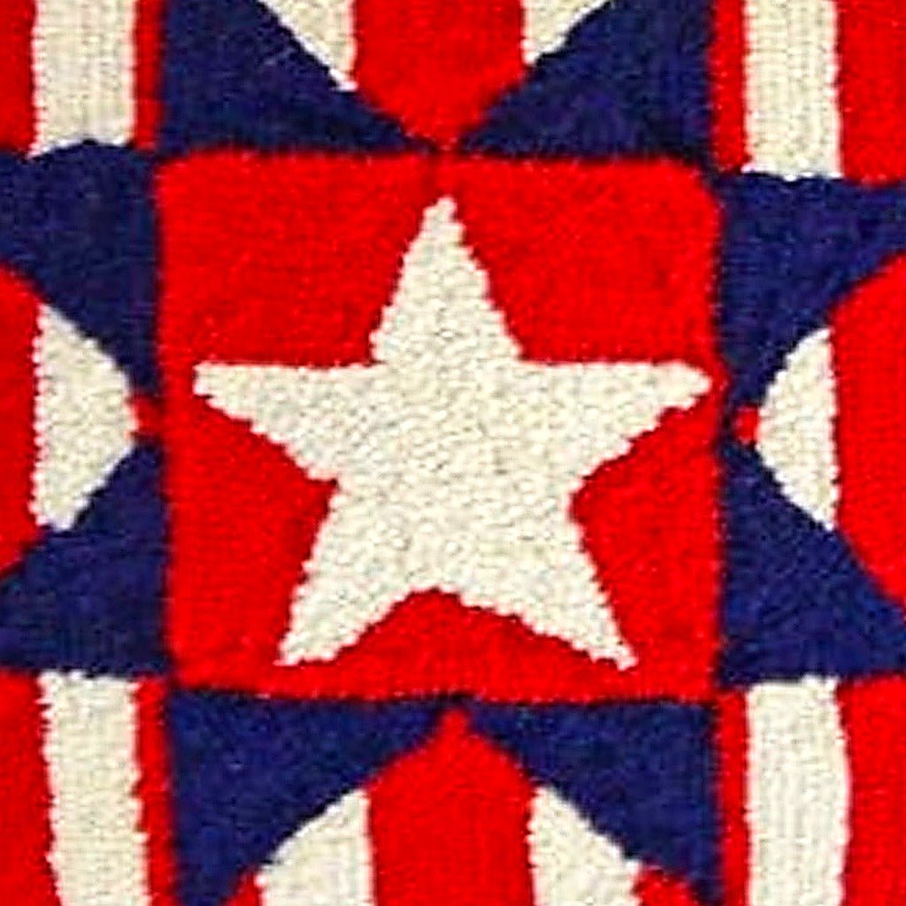 Closeup of Red White Blue America Wool Hooked needlepoint throw pillow highlighting hand-stitched wool craftsmanship and fabric detail