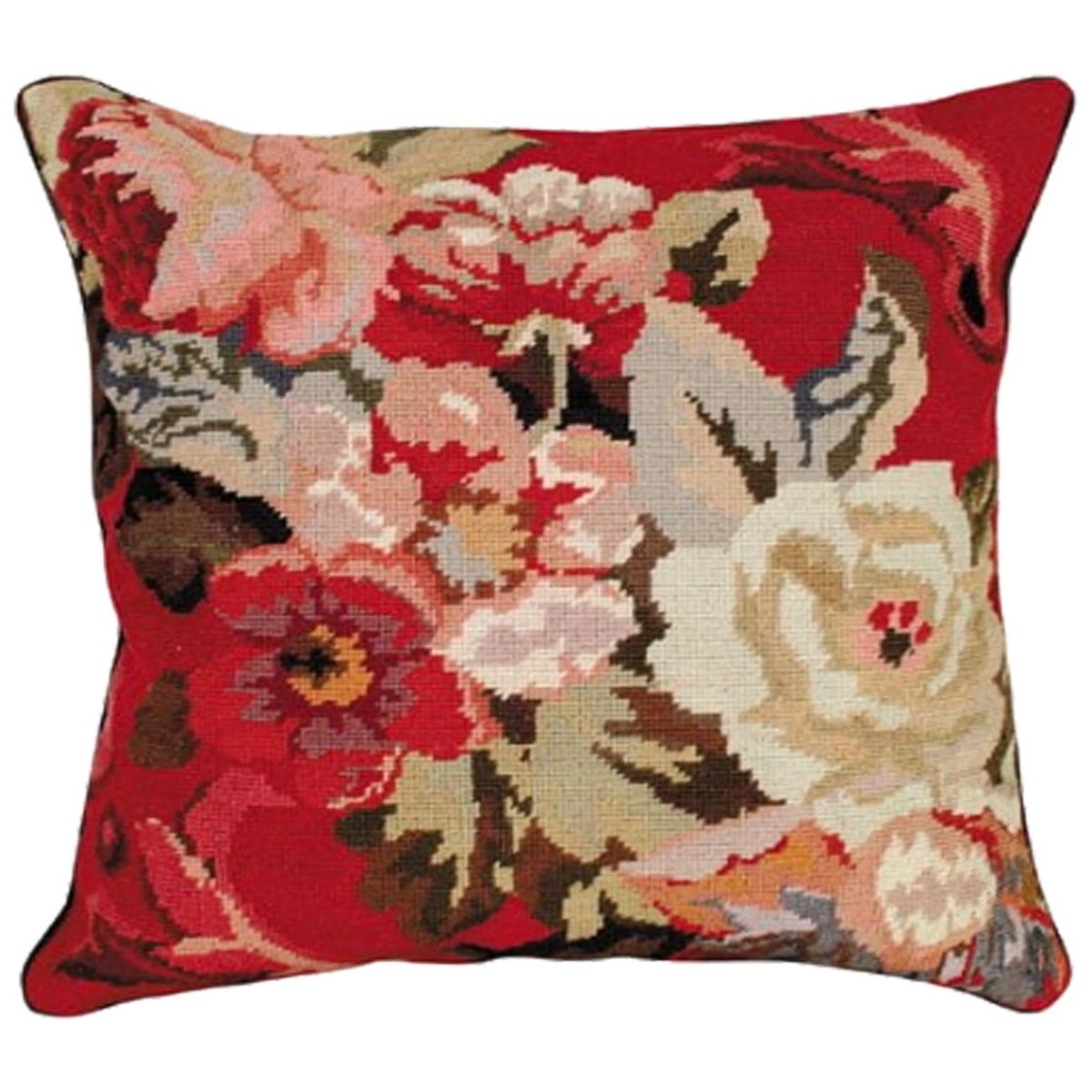 Red White Peonies needlepoint throw pillow with botanical floral design