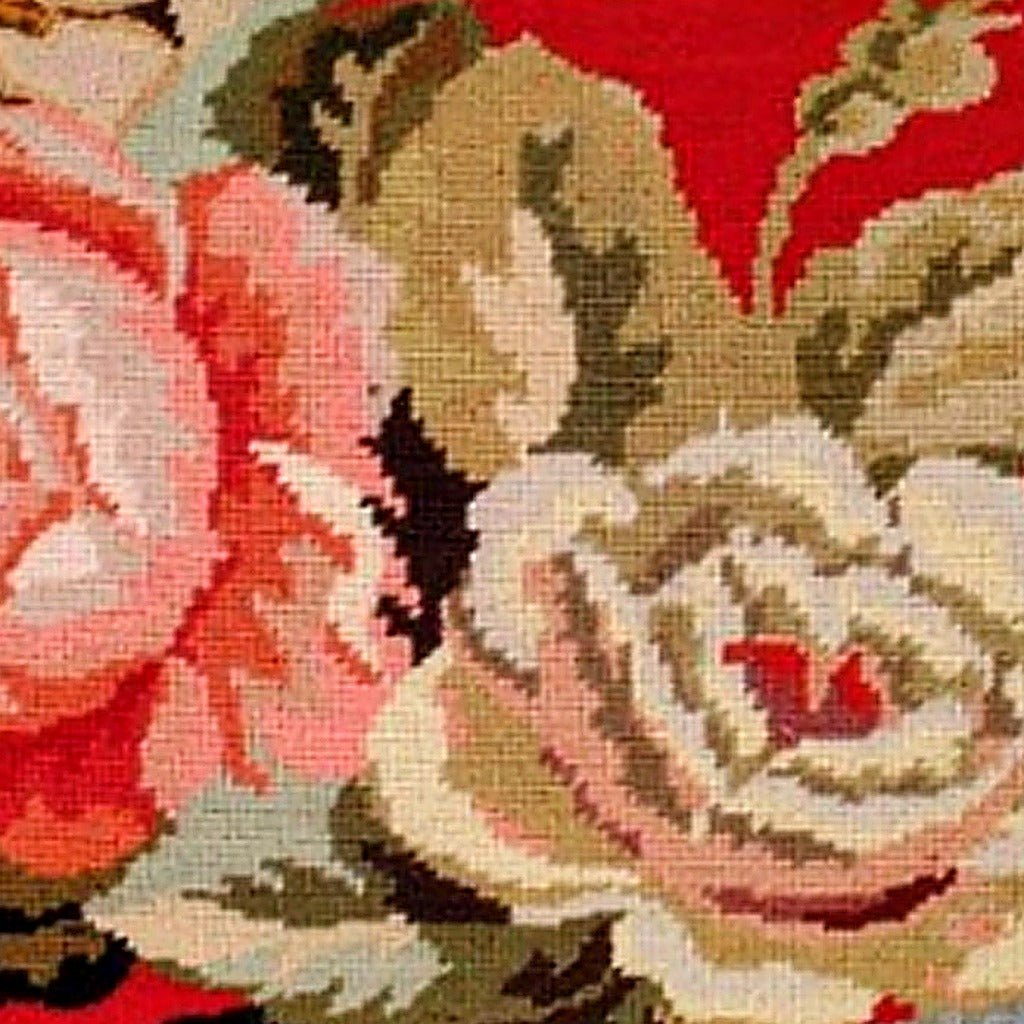 Red White Peony Flowers Botanical pillow fabric closeup showing hand-embroidered needlepoint wool texture and color detail