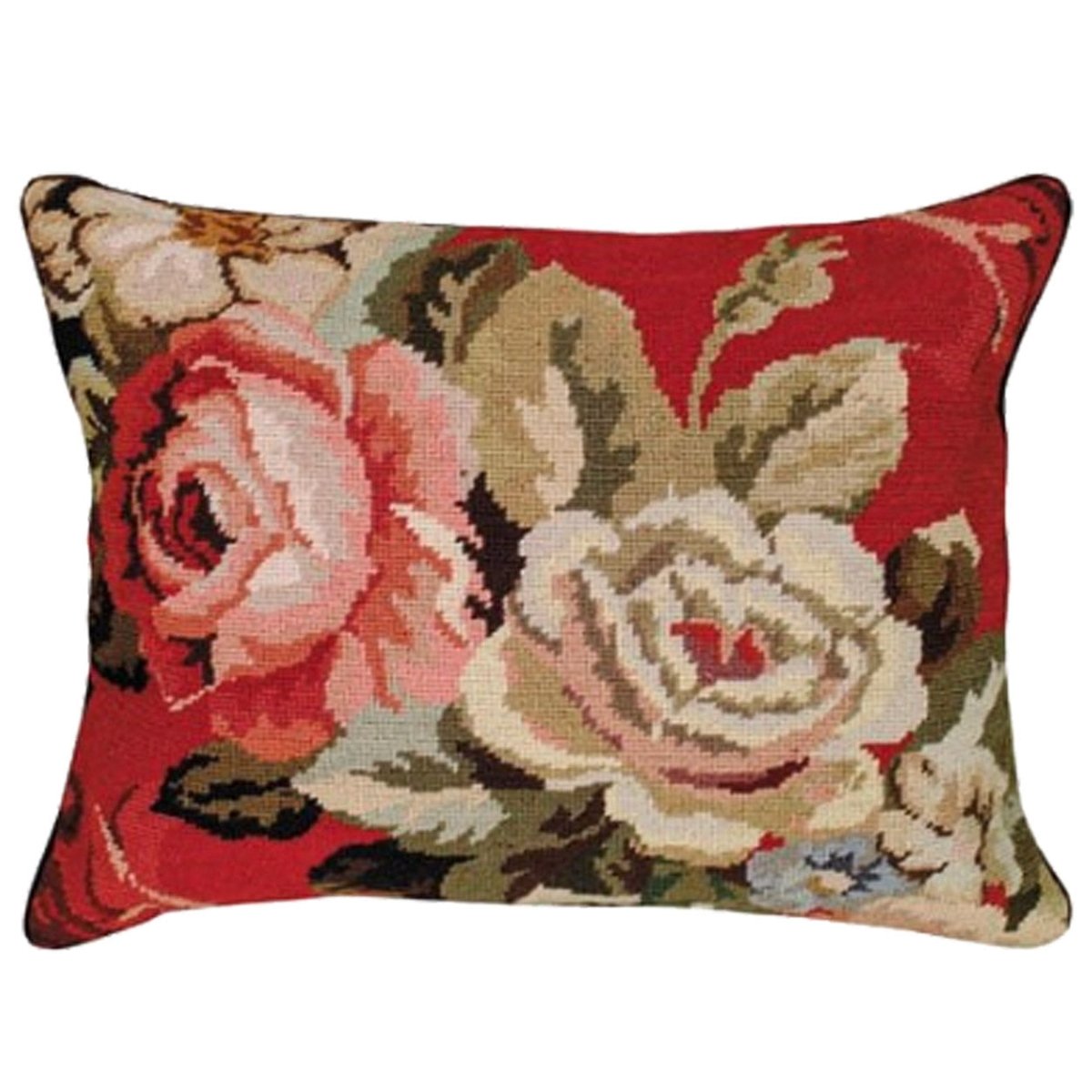 Red White Peony Flowers needlepoint throw pillow with botanical floral design