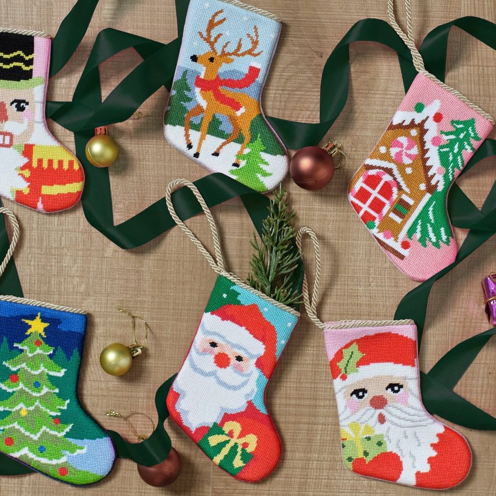 Reindeer Mini Embroidered Needlepoint Christmas Stocking, 6x4 inch, six mini stockings with green ribbon and gold ornaments