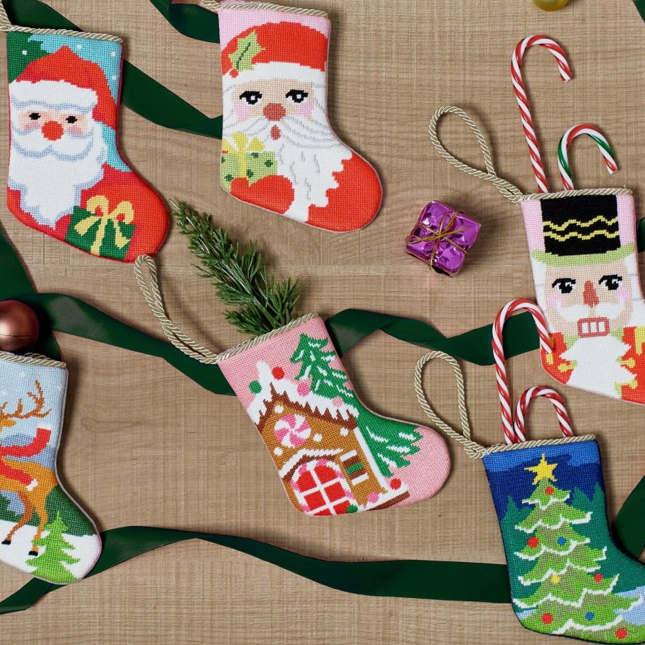 Reindeer Mini Embroidered Needlepoint Christmas Stocking, 6x4 inch, six mini stockings with green ribbon and candy canes