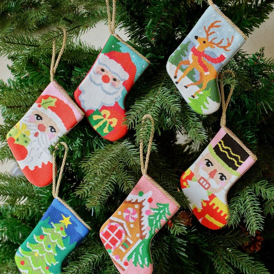 Reindeer Mini Embroidered Needlepoint Christmas Stocking, 6x4 inch, six mini stockings hanging on evergreen branches