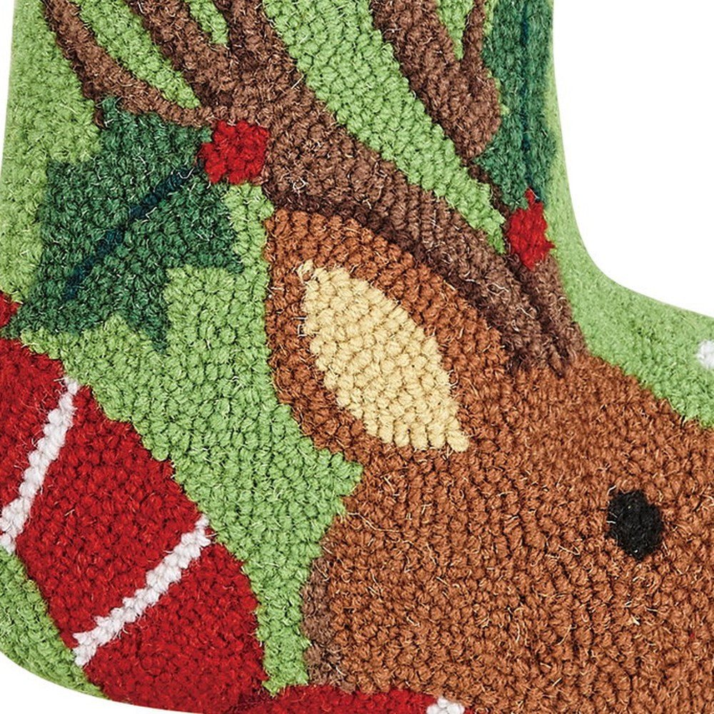 Closeup of Reindeer with Holly Hooked Wool Christmas Stocking showing stitch texture and craftsmanship detail
