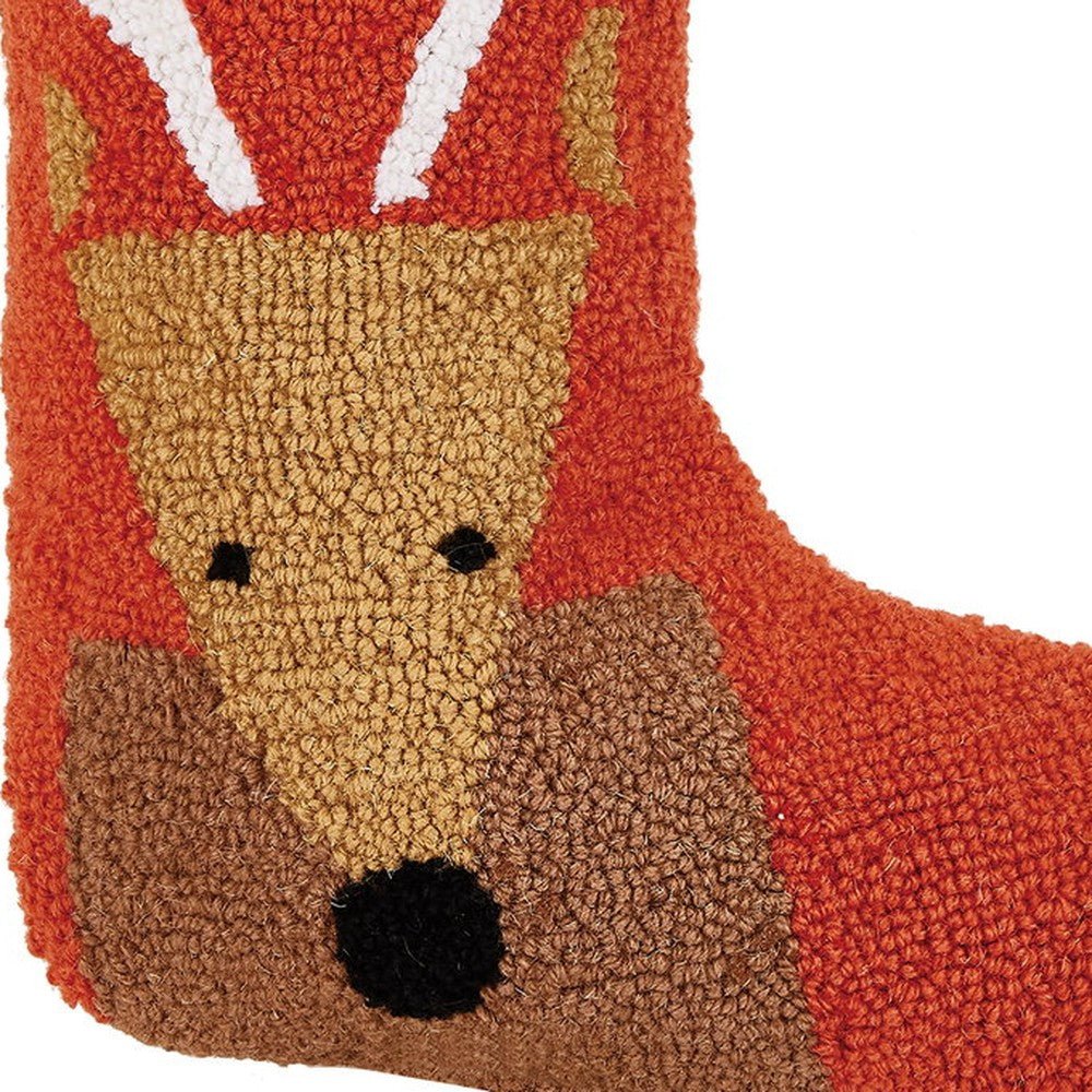 Closeup of Reindeer with Pom Pom Hooked Wool Christmas Stocking showing stitch texture and craftsmanship detail