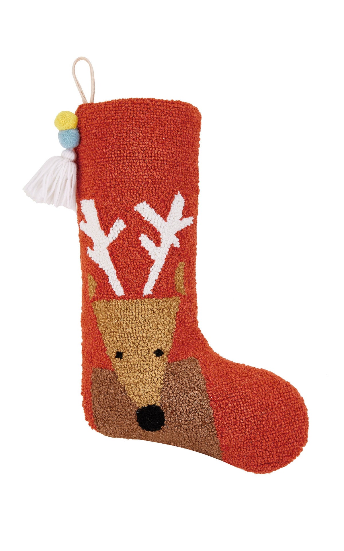 Reindeer with Pom Pom Hooked Wool Christmas Stocking, 12x20 inch, front view